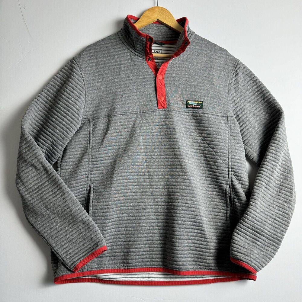 LL Bean Mens Gray Red Airlight Knit Slightly Fitted Pullover Size Tall Large